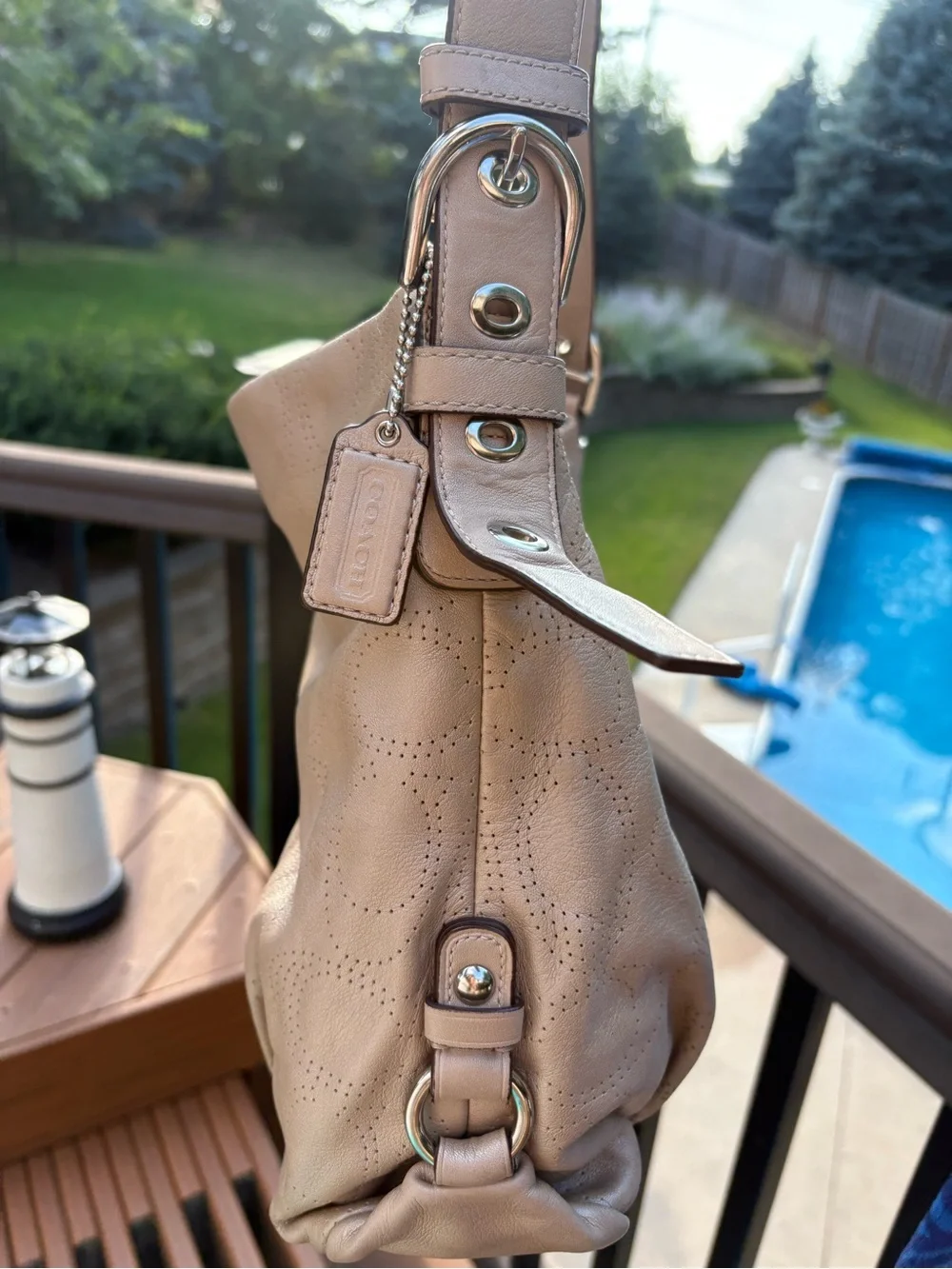 Coach Perforated Leather Shoulder Bag in Taupe